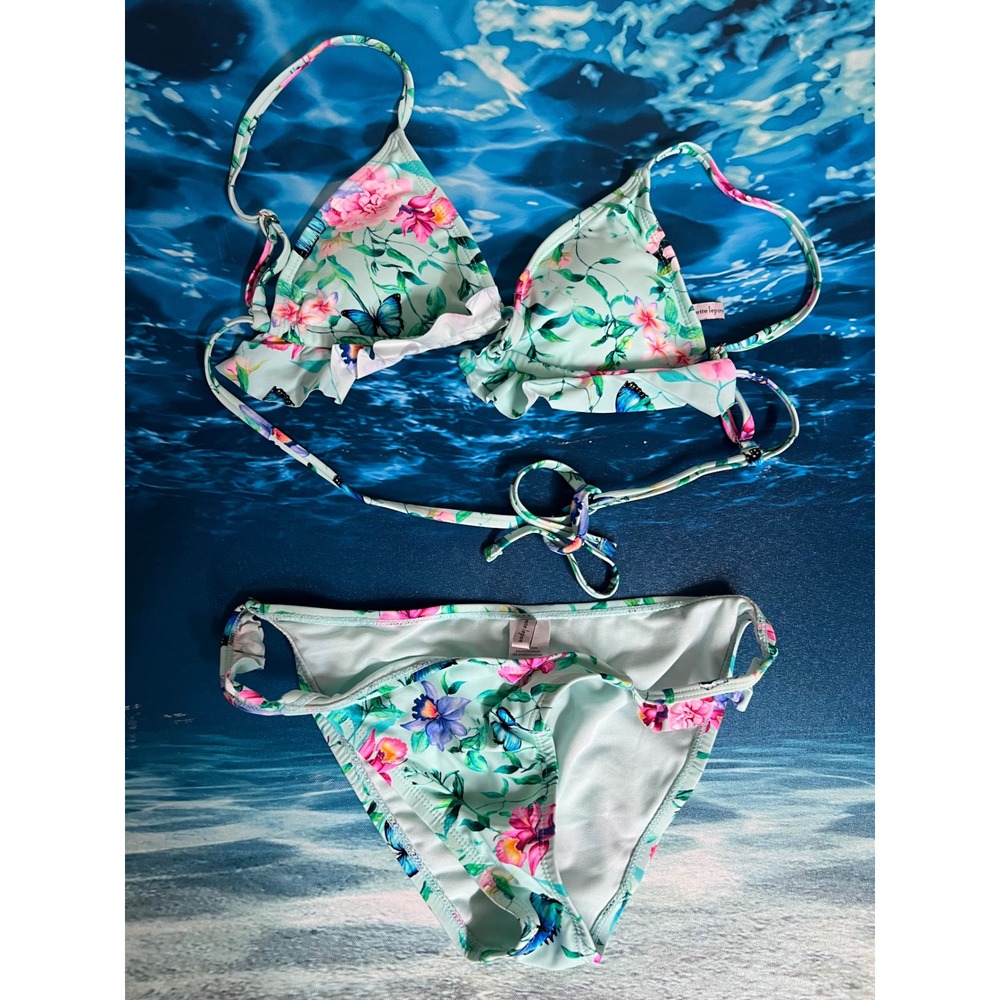 ☀️Nanette Lepore Floral Butterfly Ruffle Triangle Bikini Set Mint Green Size 8 - Picture 2 of 11